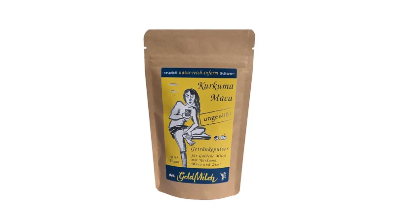 GoldMilch - Kurkuma Maca, gänzlich ungesüßt. Ein würziges Getränkepulver auf Basis von 33% Kurkuma und Maca für Goldene Milch frei nach der indischen Ayurvedalehre. Geeignet zum Einrühren in Milch oder veganen Pflanzendrinks. von natur-reich-inform / Anna-Theresia Schmidt