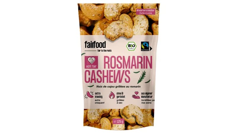 Faire Cashews mit Rosmarin geröstet (125g Doypack) von fairfood Freiburg GmbH