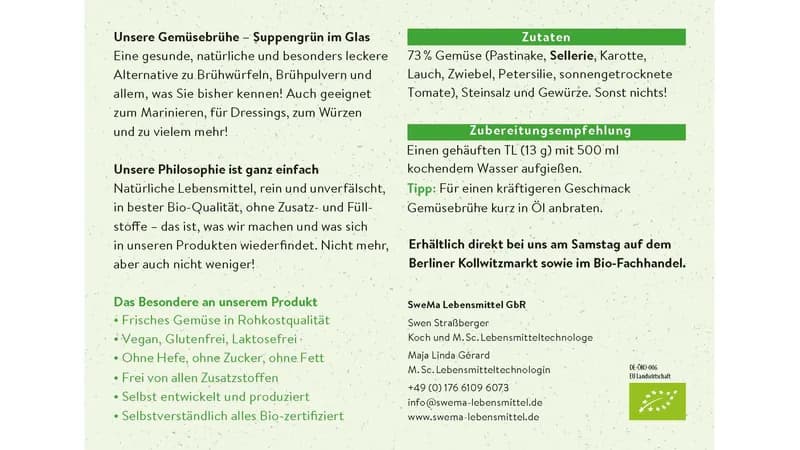 30 Informationskarten für die Kunden SweMa Gemüsebrühe - 73% rohes Gemüse, Steinsalz, Gewürze. Sonst nichts! von SweMa - Frische Gemüsebrühe Gallerie Bild 2