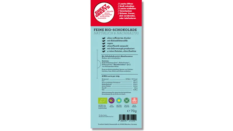SweetGreets Schokolade "Glaub an Dich", 50% Kakao + Haselnussmus, 70g von TrustFood GmbH Gallerie Bild 3