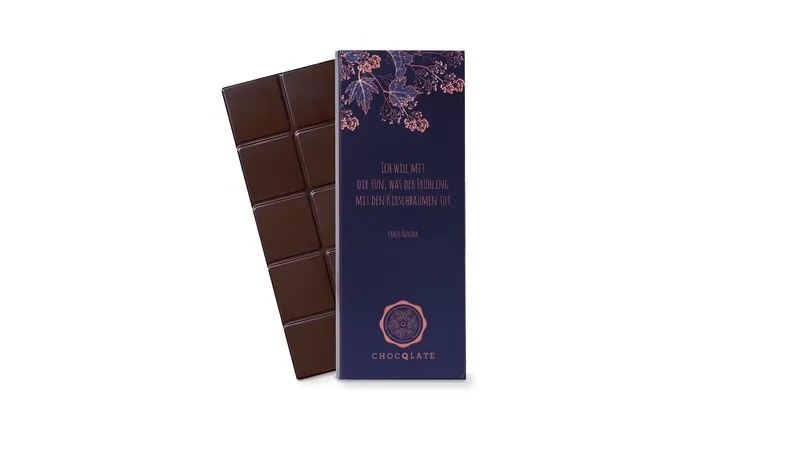 Grußschokolade "Ich will mit dir tun, was der Frühling mit den Kirschbäumen Tut", 50% Kakao + Haselnussmus, 70g von TrustFood GmbH Gallerie Bild 2