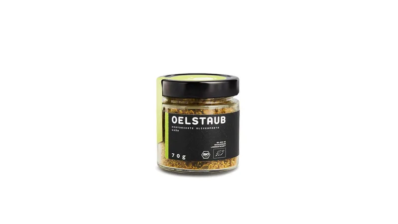 OELSTAUB Grün - getrocknete grüne Oliven (95%)*, Natives Olivenöl (0,4%)*, Meersalz, Bukovo*, Koriander*, Knoblauch* von OEL-Berlin Gallerie Bild 1