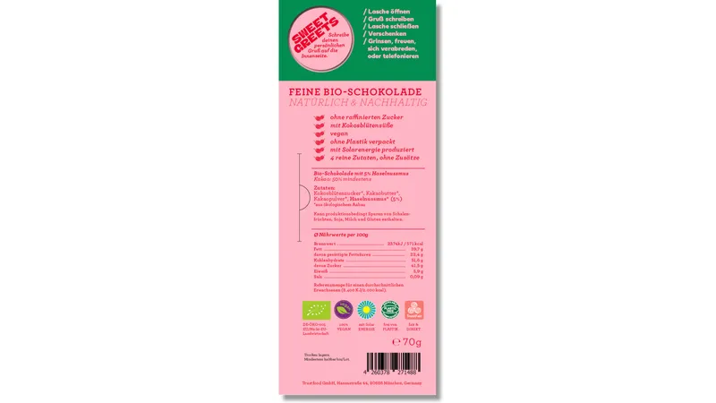 SweetGreets Schokolade "...gönn Dir, was immer Dir gut tut!", 50% Kakao + Haselnussmus, 70g von TrustFood GmbH Gallerie Bild 4