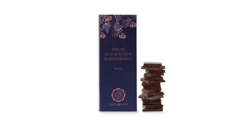 Grußschokolade "Ich will mit dir tun, was der Frühling mit den Kirschbäumen Tut", 50% Kakao + Haselnussmus, 70g von TrustFood GmbH Gallerie Bild 3