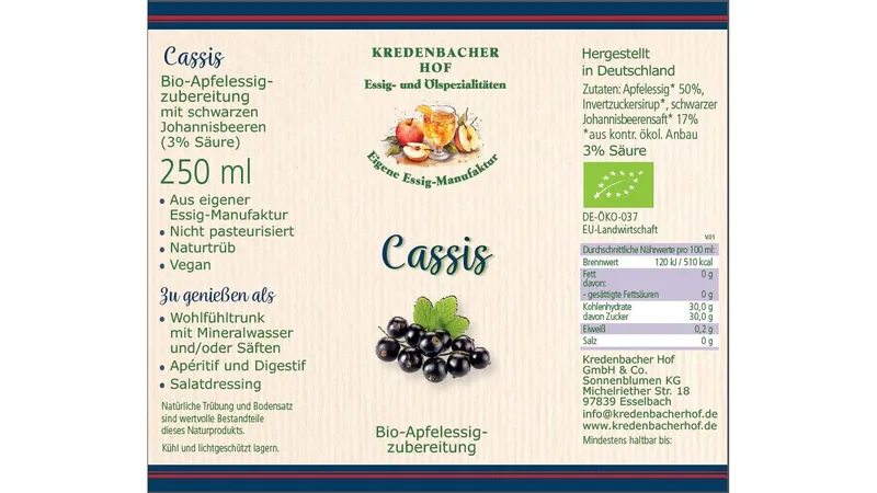 CASSIS Trinkessig bio 6x 0,25l Flasche