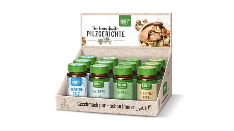 Thekendisplay Traumhafte Pilzgerichte, bestückt von Gewürzmühle Brecht GmbH Gallerie Bild 1